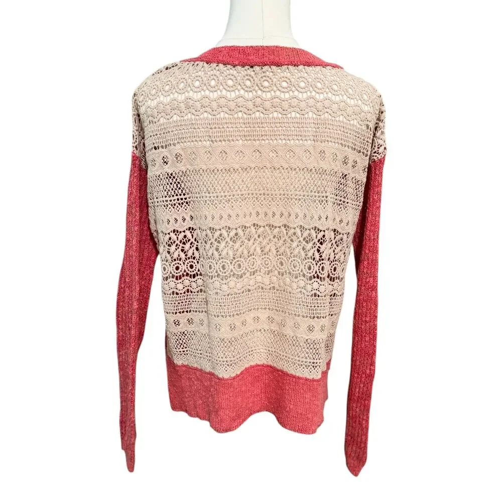 Free People Sweet Jane Crochet Back Pink Strawberry Sweater Oversized Boho Small